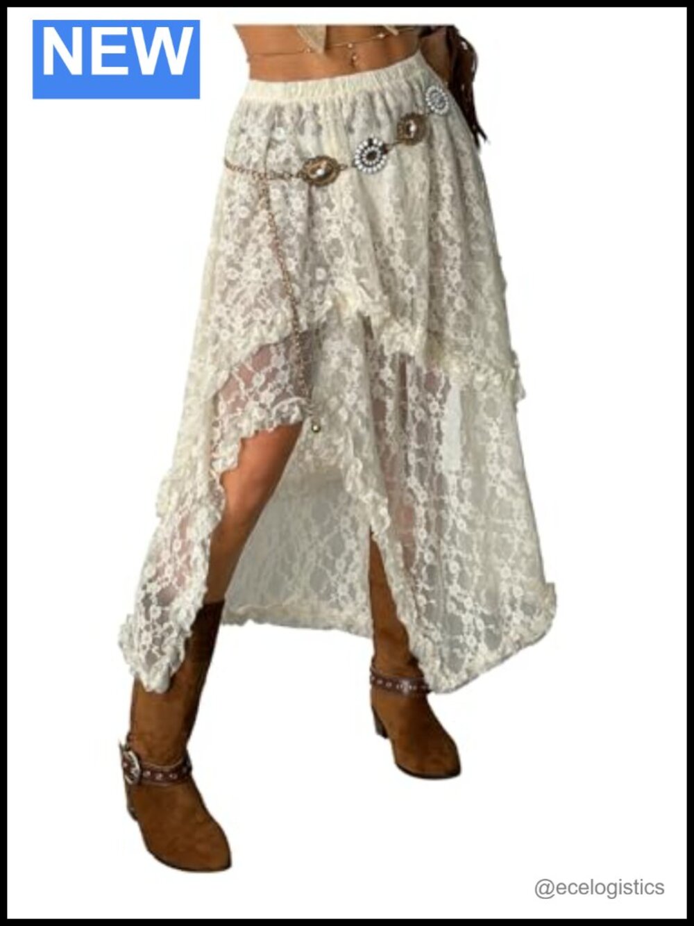 Women's Western Lace Floral Maxi Skirt Asymmetrical Ruffle Hem